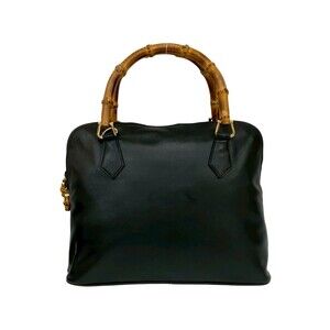 GUCCI Old Gucci Bamboo Leather Handbag Boston Bag Tote Black g16-4